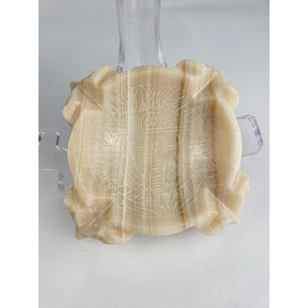Vintage Carved Onyx Stone‎ Trinket Dish Aztec Motif Catch All